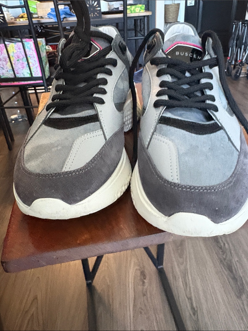Buscemi women Gray and Black Suede Low-Top Sneakers with Pink Accent